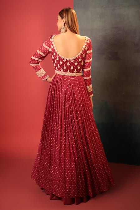 Shop Bandhani Purple Silk Pearls Round Neck Bandhani Pleated Anarkali at Aza Fashions Shop_Bandhani_Purple Silk Pearls Round Neck Bandhani Pleated Anarkali _at_Aza_Fashions