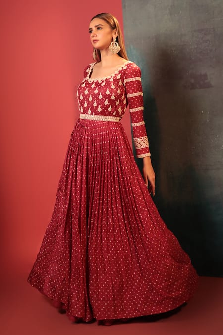 Buy Bandhani Purple Silk Pearls Round Neck Bandhani Pleated Anarkali Online at Aza Fashions Buy_Bandhani_Purple Silk Pearls Round Neck Bandhani Pleated Anarkali _Online_at_Aza_Fashions