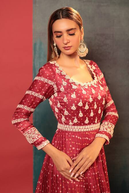 Shop Bandhani Purple Silk Pearls Round Neck Bandhani Pleated Anarkali Online at Aza Fashions Shop_Bandhani_Purple Silk Pearls Round Neck Bandhani Pleated Anarkali _Online_at_Aza_Fashions