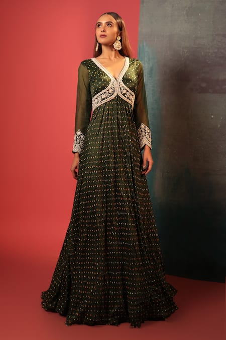 Bandhani_Green Silk Pearls V-neck Dot Bandhani Pattern Anarkali _Online_at_Aza_Fashions