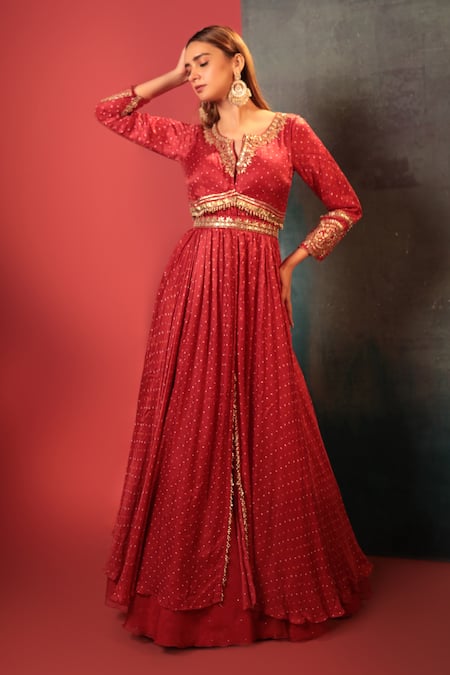 Bandhani_Red Silk, Organza Embroidery Collared Bandhani Jacket And Skirt Set _Online_at_Aza_Fashions
