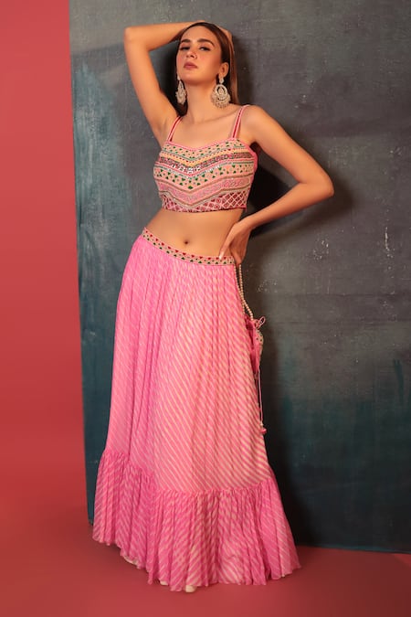 Bandhani Pink Silk, Georgette Beads, Embroidery Kathiawadi Blouse And Leheriya Skirt Set 