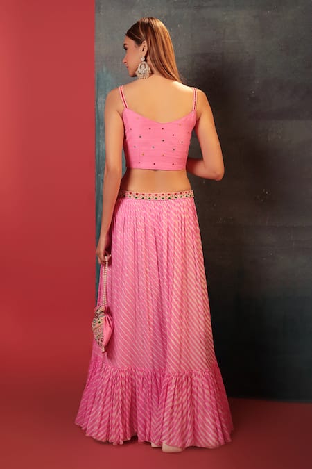 Shop Bandhani Pink Silk, Georgette Beads, Embroidery Kathiawadi Blouse And Leheriya Skirt Set at Aza Fashions Shop_Bandhani_Pink Silk, Georgette Beads, Embroidery Kathiawadi Blouse And Leheriya Skirt Set _at_Aza_Fashions