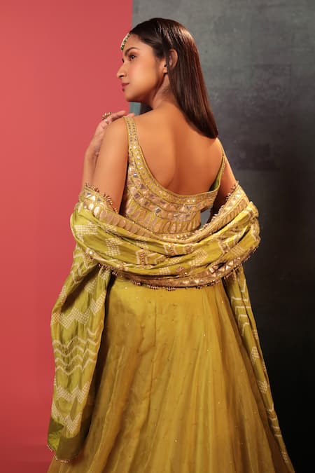 Shop Bandhani Green Silk, Organza Gota Patti Square Neck Embroidered Lehenga Blouse Set Online at Aza Fashions Shop_Bandhani_Green Silk, Organza Gota Patti Square Neck Embroidered Lehenga Blouse Set _Online_at_Aza_Fashions