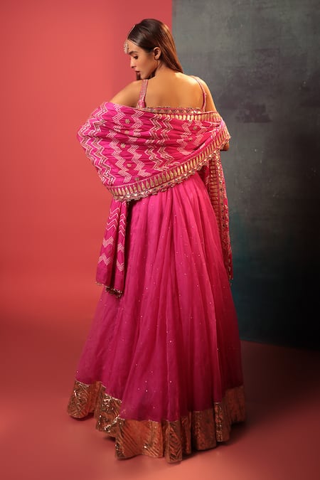 Shop Bandhani Pink Silk, Organza Embroidery, Gota Patti Square Neck Lehenga Set at Aza Fashions Shop_Bandhani_Pink Silk, Organza Embroidery, Gota Patti Square Neck Lehenga Set _at_Aza_Fashions