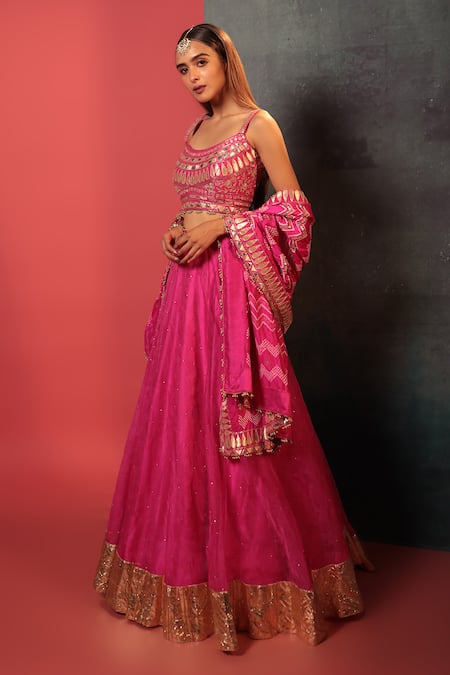 Buy Bandhani Pink Silk, Organza Embroidery, Gota Patti Square Neck Lehenga Set Online at Aza Fashions Buy_Bandhani_Pink Silk, Organza Embroidery, Gota Patti Square Neck Lehenga Set _Online_at_Aza_Fashions