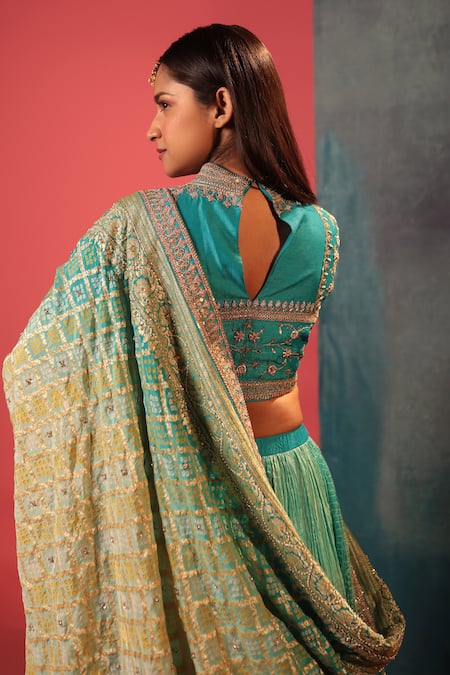 Shop Bandhani Blue Silk, Georgette Embroidery, Zari High Neck Ombre Lehenga Blouse Set at Aza Fashions Shop_Bandhani_Blue Silk, Georgette Embroidery, Zari High Neck Ombre Lehenga Blouse Set _at_Aza_Fashions