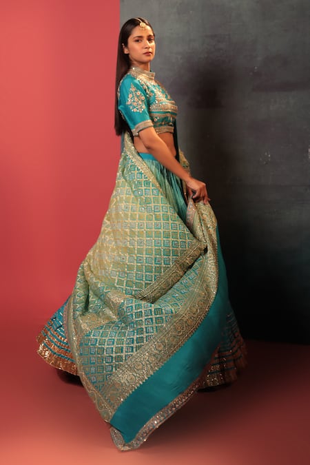 Bandhani Blue Silk, Georgette Embroidery, Zari High Neck Ombre Lehenga Blouse Set Online at Aza Fashions Bandhani_Blue Silk, Georgette Embroidery, Zari High Neck Ombre Lehenga Blouse Set _Online_at_Aza_Fashions