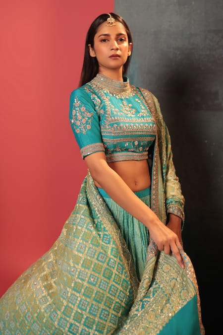 Buy Bandhani Blue Silk, Georgette Embroidery, Zari High Neck Ombre Lehenga Blouse Set Online at Aza Fashions Buy_Bandhani_Blue Silk, Georgette Embroidery, Zari High Neck Ombre Lehenga Blouse Set _Online_at_Aza_Fashions