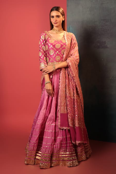 Bandhani Pink Silk, Georgette Embroidery, Zari Round Neck Ombre Crush Lehenga Blouse Set 