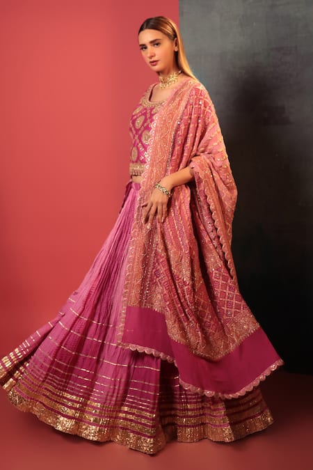 Bandhani Pink Silk, Georgette Embroidery, Zari Round Neck Ombre Crush Lehenga Blouse Set Online at Aza Fashions Bandhani_Pink Silk, Georgette Embroidery, Zari Round Neck Ombre Crush Lehenga Blouse Set _Online_at_Aza_Fashions