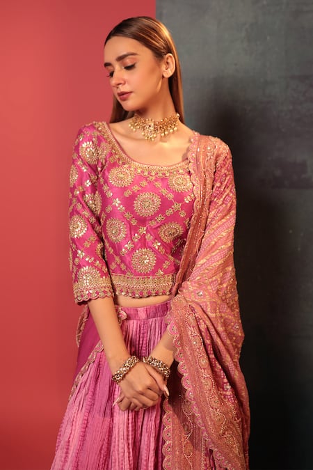 Buy Bandhani Pink Silk, Georgette Embroidery, Zari Round Neck Ombre Crush Lehenga Blouse Set Online at Aza Fashions Buy_Bandhani_Pink Silk, Georgette Embroidery, Zari Round Neck Ombre Crush Lehenga Blouse Set _Online_at_Aza_Fashions