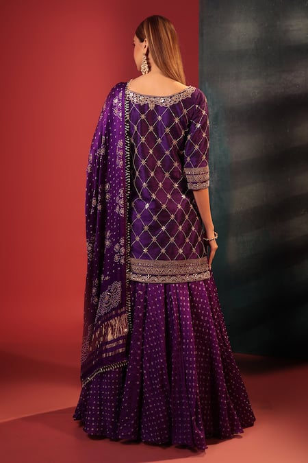 Shop Bandhani Purple Silk Gota Patti, Embroidery, Tassels Round Neck Kurta Skirt Set at Aza Fashions Shop_Bandhani_Purple Silk Gota Patti, Embroidery, Tassels Round Neck Kurta Skirt Set _at_Aza_Fashions