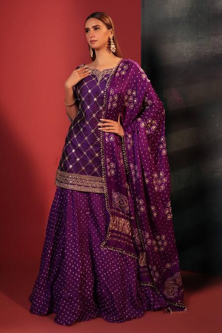 Bandhani Purple Silk Gota Patti, Embroidery, Tassels Round Neck Kurta Skirt Set Online at Aza Fashions Bandhani_Purple Silk Gota Patti, Embroidery, Tassels Round Neck Kurta Skirt Set _Online_at_Aza_Fashions