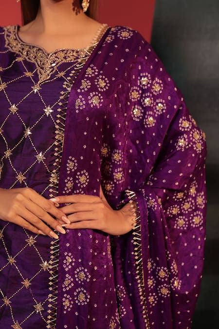 Buy Bandhani Purple Silk Gota Patti, Embroidery, Tassels Round Neck Kurta Skirt Set Online at Aza Fashions Buy_Bandhani_Purple Silk Gota Patti, Embroidery, Tassels Round Neck Kurta Skirt Set _Online_at_Aza_Fashions