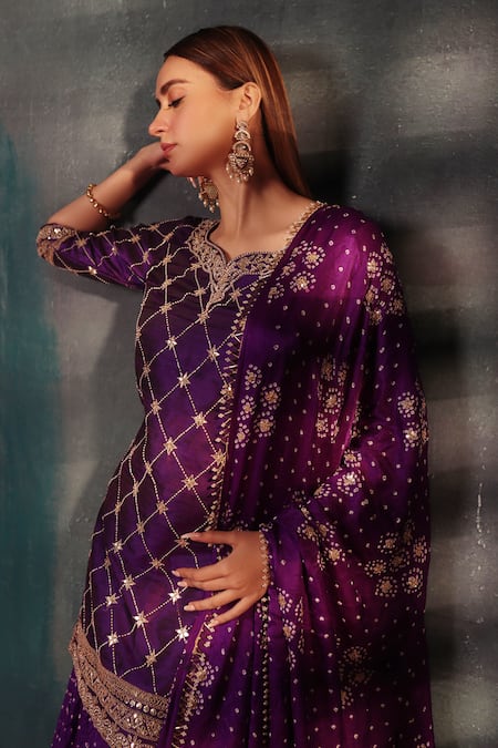 Shop Bandhani Purple Silk Gota Patti, Embroidery, Tassels Round Neck Kurta Skirt Set Online at Aza Fashions Shop_Bandhani_Purple Silk Gota Patti, Embroidery, Tassels Round Neck Kurta Skirt Set _Online_at_Aza_Fashions