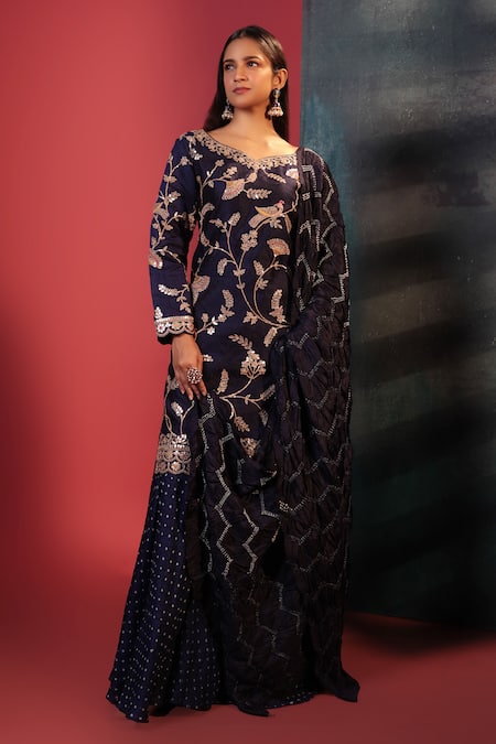 Bandhani Blue Silk Gota Patti, Mirrors Mandarin Collar Embellished Kurta Sharara Set 