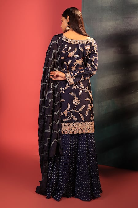 Shop Bandhani Blue Silk Gota Patti, Mirrors Mandarin Collar Embellished Kurta Sharara Set at Aza Fashions Shop_Bandhani_Blue Silk Gota Patti, Mirrors Mandarin Collar Embellished Kurta Sharara Set _at_Aza_Fashions