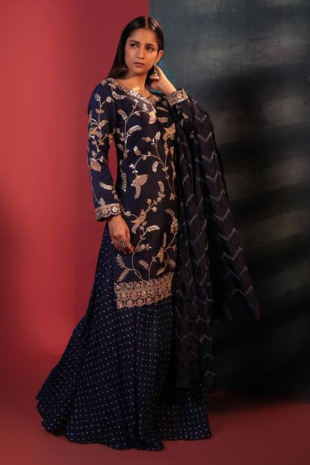 Bandhani Blue Silk Gota Patti, Mirrors Mandarin Collar Embellished Kurta Sharara Set Online at Aza Fashions Bandhani_Blue Silk Gota Patti, Mirrors Mandarin Collar Embellished Kurta Sharara Set _Online_at_Aza_Fashions
