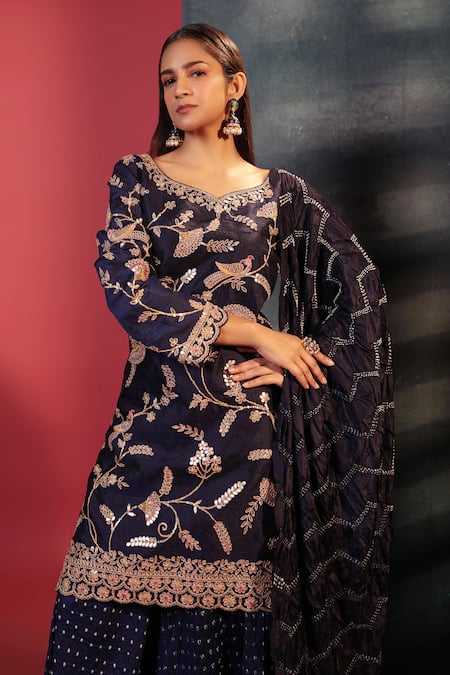 Buy Bandhani Blue Silk Gota Patti, Mirrors Mandarin Collar Embellished Kurta Sharara Set Online at Aza Fashions Buy_Bandhani_Blue Silk Gota Patti, Mirrors Mandarin Collar Embellished Kurta Sharara Set _Online_at_Aza_Fashions
