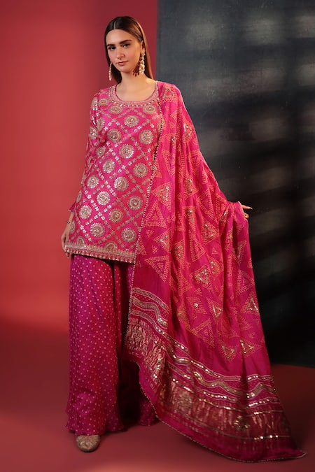 Bandhani Silk Gota Patti Embroidered Sharara Set 