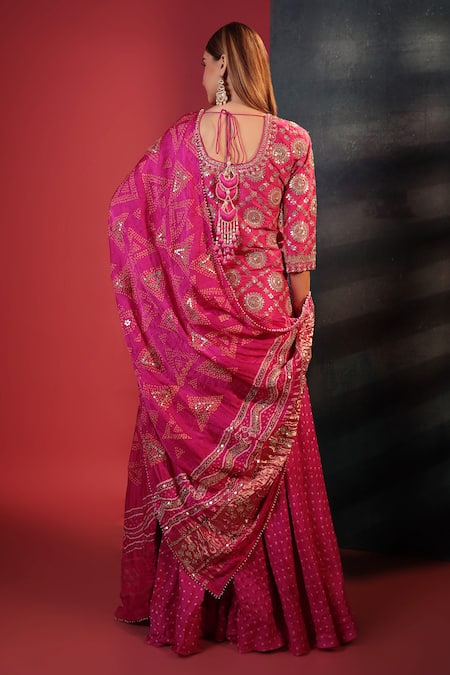 Shop Bandhani Pink Silk Beads, Embroidery, Mirrors Round Neck Gota Patti Sharara Set at Aza Fashions Shop_Bandhani_Pink Silk Beads, Embroidery, Mirrors Round Neck Gota Patti Sharara Set _at_Aza_Fashions