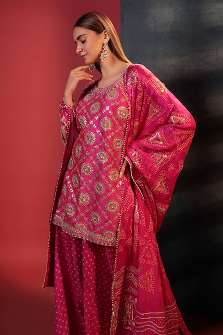 Bandhani Pink Silk Beads, Embroidery, Mirrors Round Neck Gota Patti Sharara Set Online at Aza Fashions Bandhani_Pink Silk Beads, Embroidery, Mirrors Round Neck Gota Patti Sharara Set _Online_at_Aza_Fashions