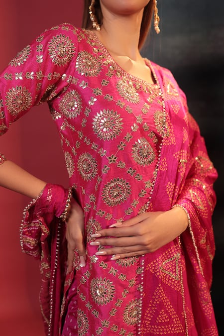 Shop Bandhani Pink Silk Beads, Embroidery, Mirrors Round Neck Gota Patti Sharara Set Online at Aza Fashions Shop_Bandhani_Pink Silk Beads, Embroidery, Mirrors Round Neck Gota Patti Sharara Set _Online_at_Aza_Fashions