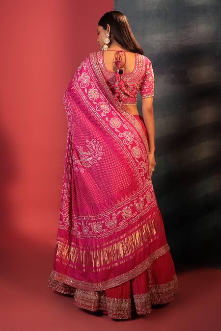 Shop Bandhani Pink Silk Gota Patti, Mirrors Split V-neck And Embroidered Bridal Skirt Set at Aza Fashions Shop_Bandhani_Pink Silk Gota Patti, Mirrors Split V-neck And Embroidered Bridal Skirt Set _at_Aza_Fashions