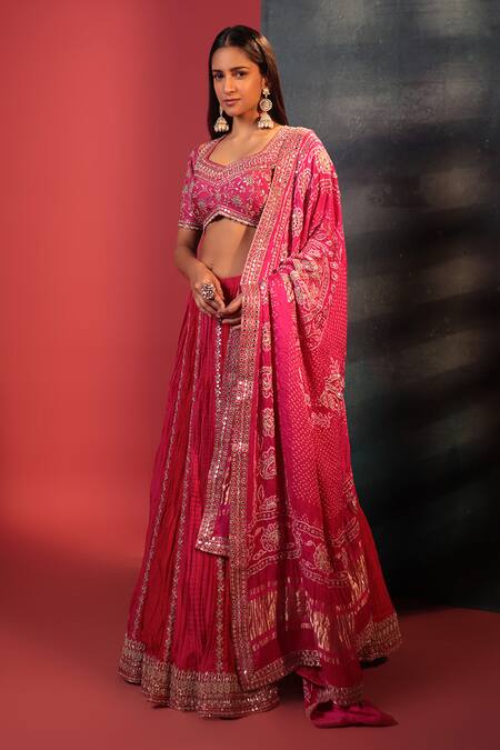 Bandhani Pink Silk Gota Patti, Mirrors Split V-neck And Embroidered Bridal Skirt Set Online at Aza Fashions Bandhani_Pink Silk Gota Patti, Mirrors Split V-neck And Embroidered Bridal Skirt Set _Online_at_Aza_Fashions