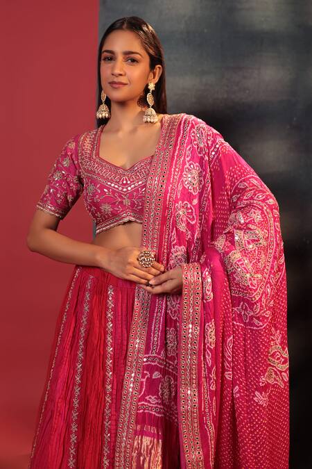 Shop Bandhani Pink Silk Gota Patti, Mirrors Split V-neck And Embroidered Bridal Skirt Set Online at Aza Fashions Shop_Bandhani_Pink Silk Gota Patti, Mirrors Split V-neck And Embroidered Bridal Skirt Set _Online_at_Aza_Fashions
