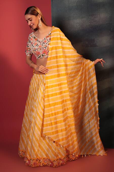Bandhani Yellow Silk Embroidery, Mirrors V-neck Leheriya Pattern Skirt Blouse Set Online at Aza Fashions Bandhani_Yellow Silk Embroidery, Mirrors V-neck Leheriya Pattern Skirt Blouse Set_Online_at_Aza_Fashions