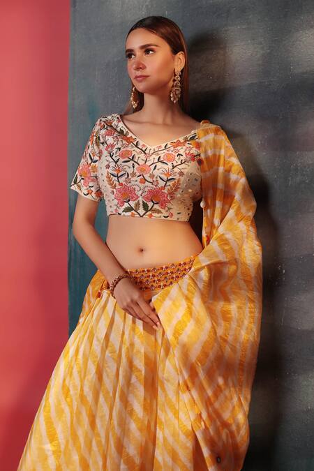 Buy Bandhani Yellow Silk Embroidery, Mirrors V-neck Leheriya Pattern Skirt Blouse Set Online at Aza Fashions Buy_Bandhani_Yellow Silk Embroidery, Mirrors V-neck Leheriya Pattern Skirt Blouse Set_Online_at_Aza_Fashions