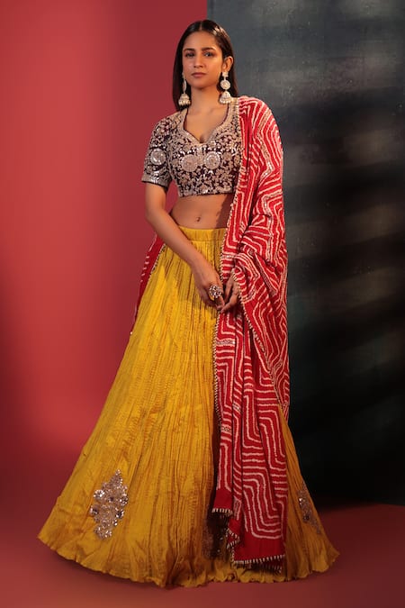 Bandhani Yellow Silk Embroidery Gota Patti Leaf Neck Placement Skirt Set 