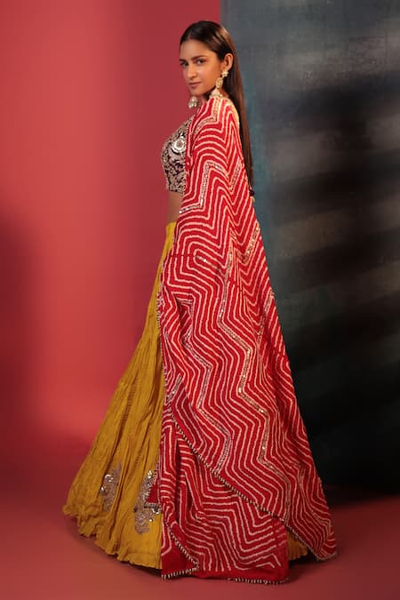 Bandhani Yellow Silk Embroidery, Gota Patti Placement Skirt Set Online at Aza Fashions Bandhani_Yellow Silk Embroidery, Gota Patti Placement Skirt Set _Online_at_Aza_Fashions