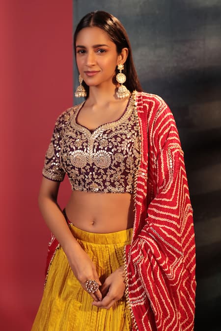 Buy Bandhani Yellow Silk Embroidery, Gota Patti Placement Skirt Set Online at Aza Fashions Buy_Bandhani_Yellow Silk Embroidery, Gota Patti Placement Skirt Set _Online_at_Aza_Fashions