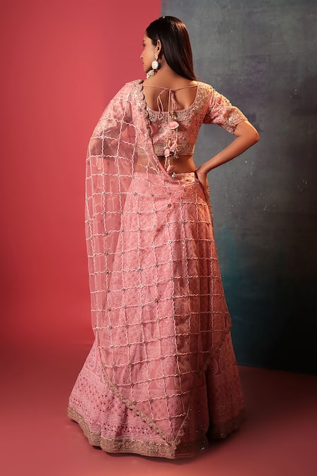 Shop Bandhani Peach Silk Gota Patti, Embroidery V-neck Paisley Bridal Lehenga Set at Aza Fashions Shop_Bandhani_Peach Silk Gota Patti, Embroidery V-neck Paisley Bridal Lehenga Set _at_Aza_Fashions