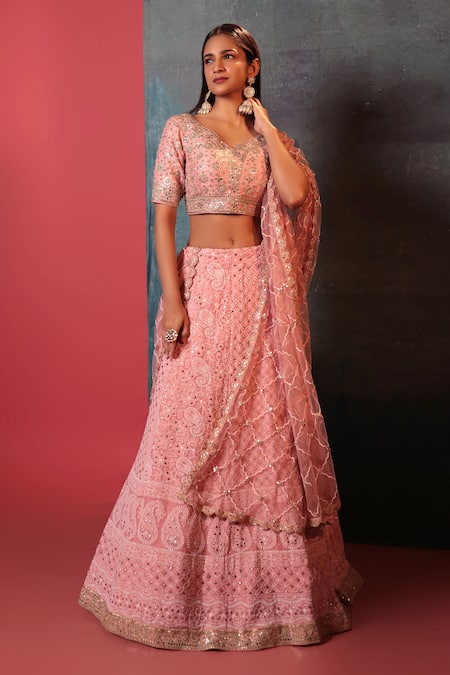 Bandhani Peach Silk Gota Patti, Embroidery V-neck Paisley Bridal Lehenga Set Online at Aza Fashions Bandhani_Peach Silk Gota Patti, Embroidery V-neck Paisley Bridal Lehenga Set _Online_at_Aza_Fashions