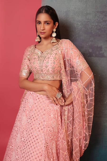 Buy Bandhani Peach Silk Gota Patti, Embroidery V-neck Paisley Bridal Lehenga Set Online at Aza Fashions Buy_Bandhani_Peach Silk Gota Patti, Embroidery V-neck Paisley Bridal Lehenga Set _Online_at_Aza_Fashions