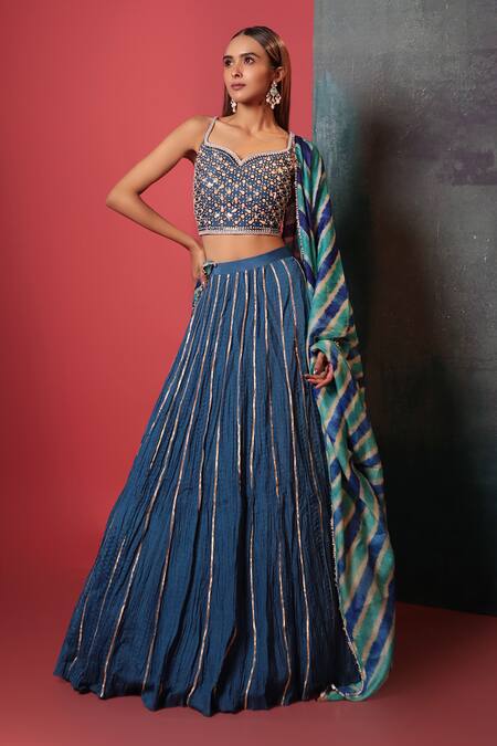 Bandhani Blue Silk Gota Patti, Mirrors Split V-neck Embroidered Skirt Set Online at Aza Fashions Bandhani_Blue Silk Gota Patti, Mirrors Split V-neck Embroidered Skirt Set _Online_at_Aza_Fashions