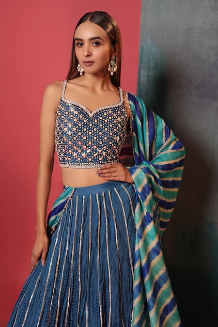 Buy Bandhani Blue Silk Gota Patti, Mirrors Split V-neck Embroidered Skirt Set Online at Aza Fashions Buy_Bandhani_Blue Silk Gota Patti, Mirrors Split V-neck Embroidered Skirt Set _Online_at_Aza_Fashions