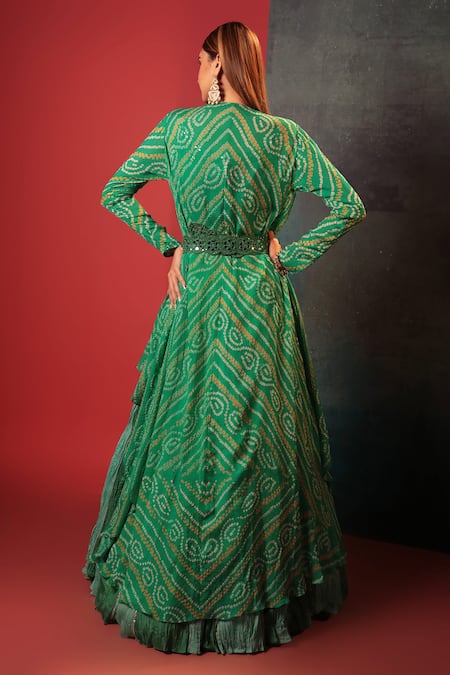 Shop_Bandhani_Green Georgette, Silk Mirrors, Embroidery, Gota Bandhani Woven Jacket Skirt Set _at_Aza_Fashions