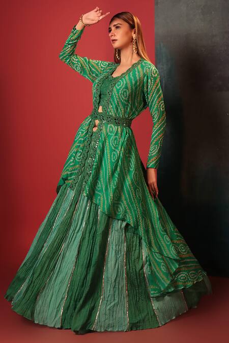 Bandhani_Green Georgette, Silk Mirrors, Embroidery, Gota Bandhani Woven Jacket Skirt Set _Online_at_Aza_Fashions