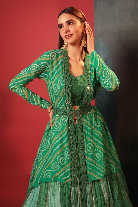 Buy_Bandhani_Green Georgette, Silk Mirrors, Embroidery, Gota Bandhani Woven Jacket Skirt Set _Online_at_Aza_Fashions