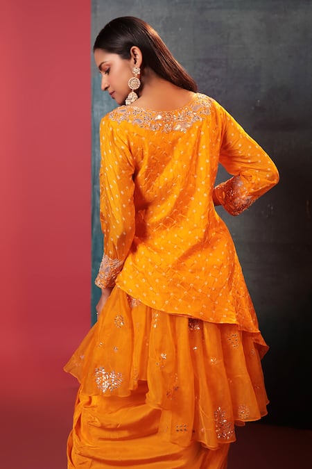 Shop Bandhani Yellow Silk, Organza Gota Patti, Bandhani Woven Kurta And Draped Skirt Set at Aza Fashions Shop_Bandhani_Yellow Silk, Organza Gota Patti, Bandhani Woven Kurta And Draped Skirt Set _at_Aza_Fashions