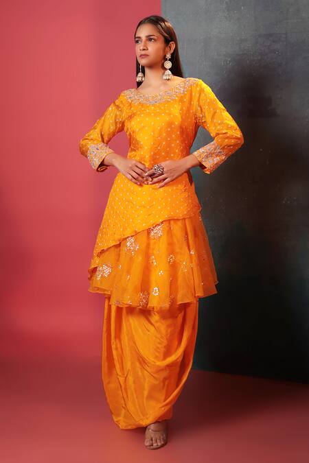 Bandhani Yellow Silk, Organza Gota Patti, Bandhani Woven Kurta And Draped Skirt Set Online at Aza Fashions Bandhani_Yellow Silk, Organza Gota Patti, Bandhani Woven Kurta And Draped Skirt Set _Online_at_Aza_Fashions
