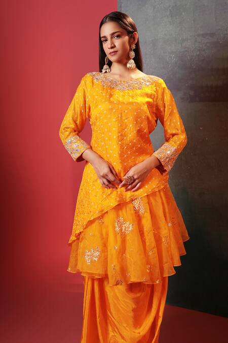 Buy Bandhani Yellow Silk, Organza Gota Patti, Bandhani Woven Kurta And Draped Skirt Set Online at Aza Fashions Buy_Bandhani_Yellow Silk, Organza Gota Patti, Bandhani Woven Kurta And Draped Skirt Set _Online_at_Aza_Fashions