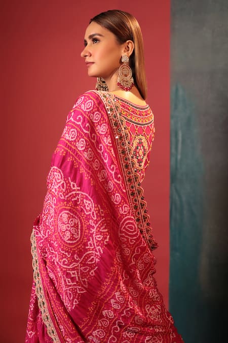 Shop_Bandhani_Purple Silk Embroidery, Beads Round Neck Patola Pattern Lehenga Set _at_Aza_Fashions