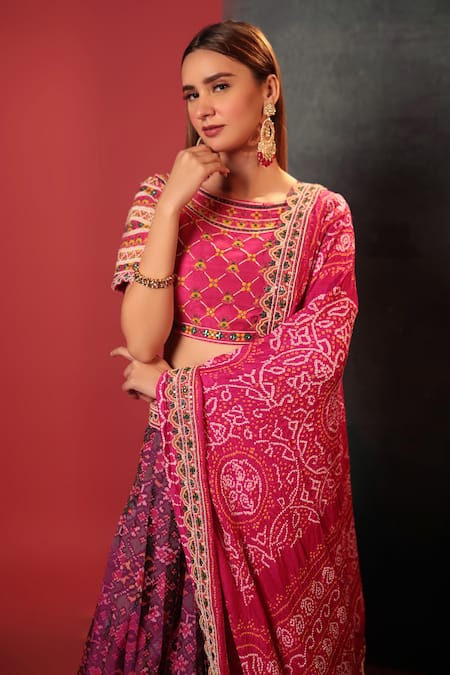 Bandhani_Purple Silk Embroidery, Beads Round Neck Patola Pattern Lehenga Set _Online_at_Aza_Fashions