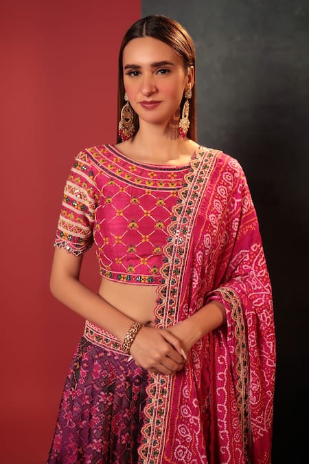 Buy_Bandhani_Purple Silk Embroidery, Beads Round Neck Patola Pattern Lehenga Set _Online_at_Aza_Fashions